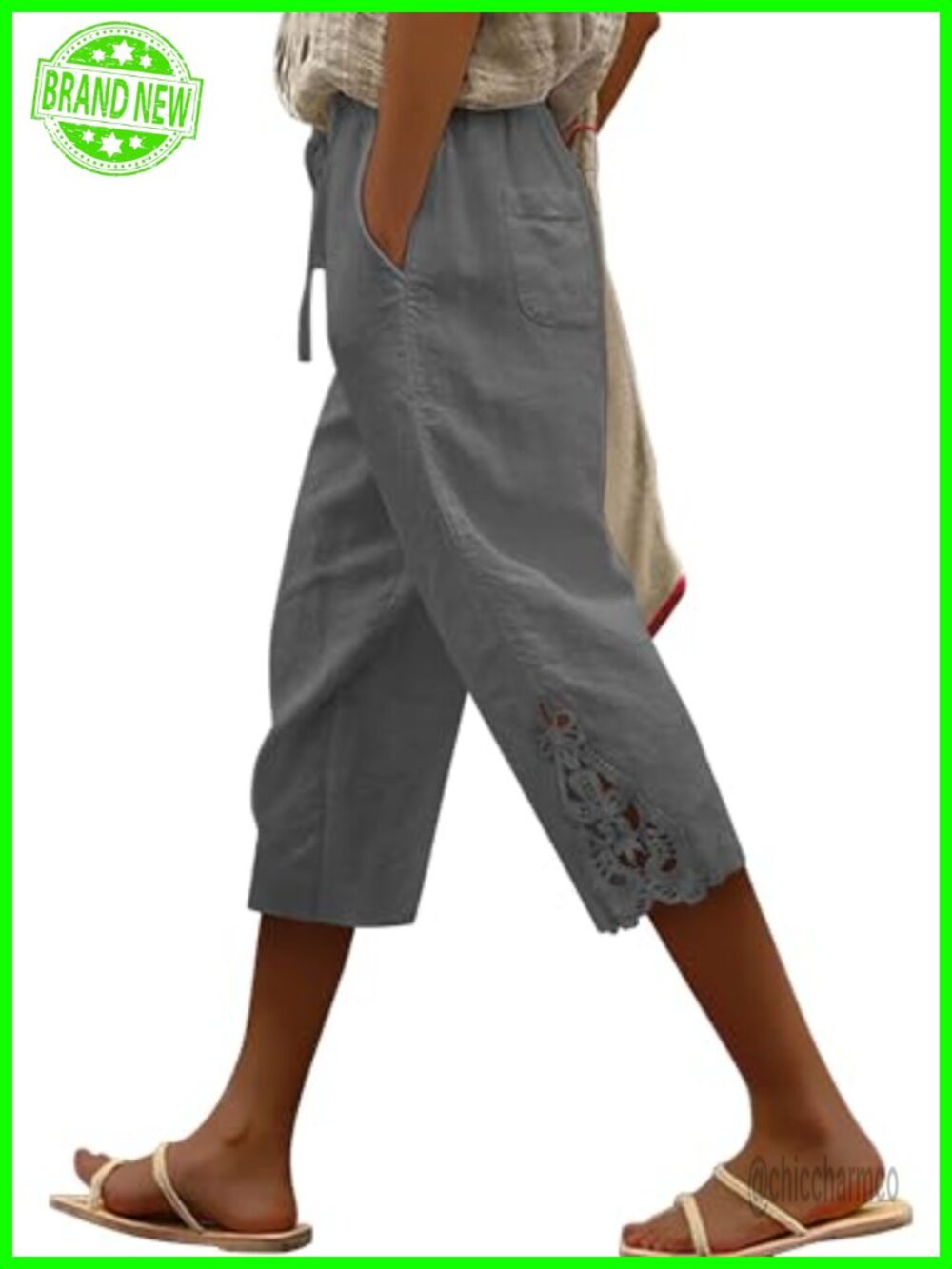 Cotton Linen Capri Pants Drawstring Elastic Waist with Pockets